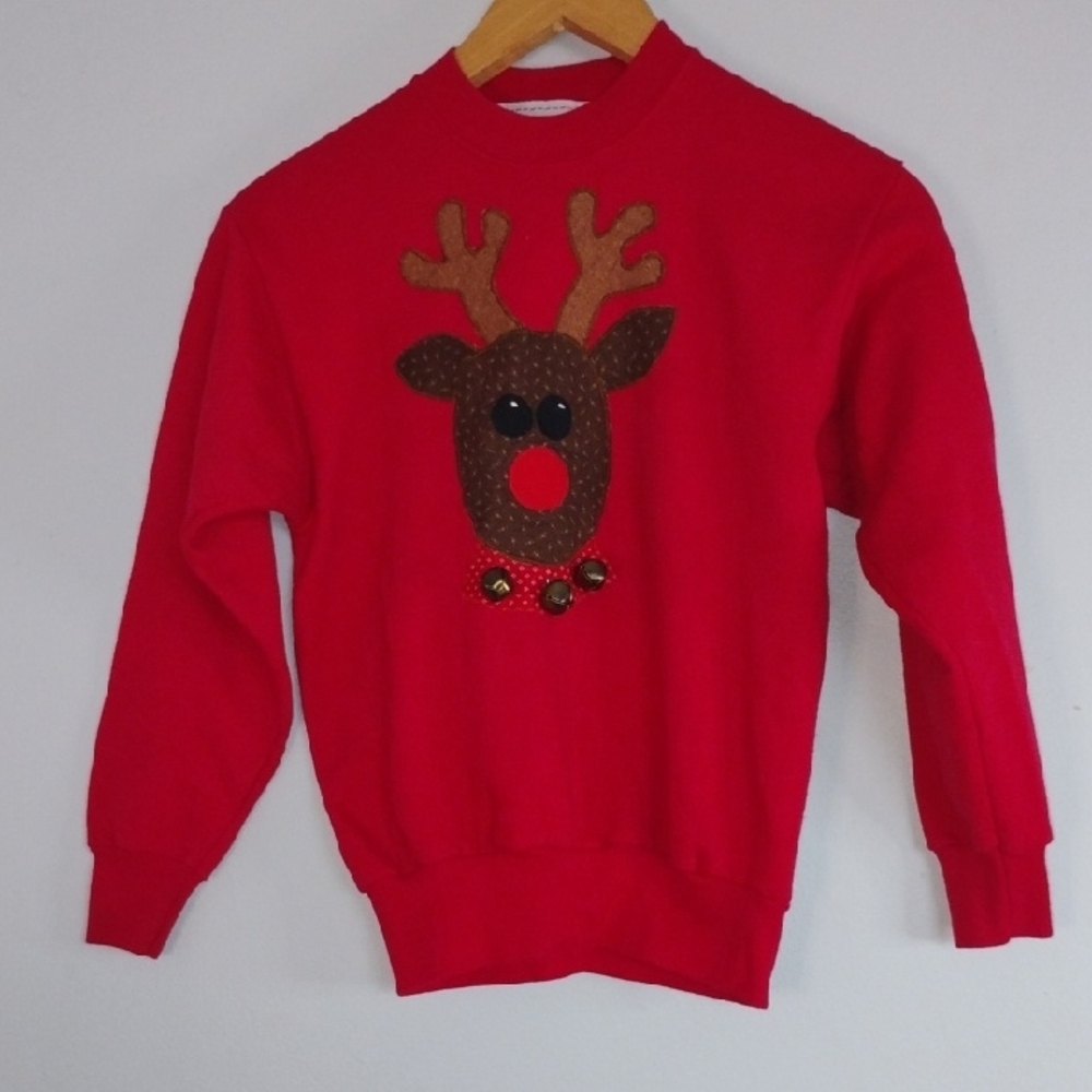 Tracey Designs Red Crewneck Sweater with Rudolph the Red Nose Reindeer Design -M